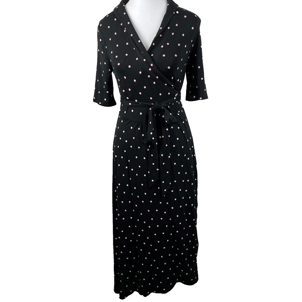 Boden Jersey Wrap Dress Black Pink Polka Dot Size US 6 Midi Half Sleeve Retro